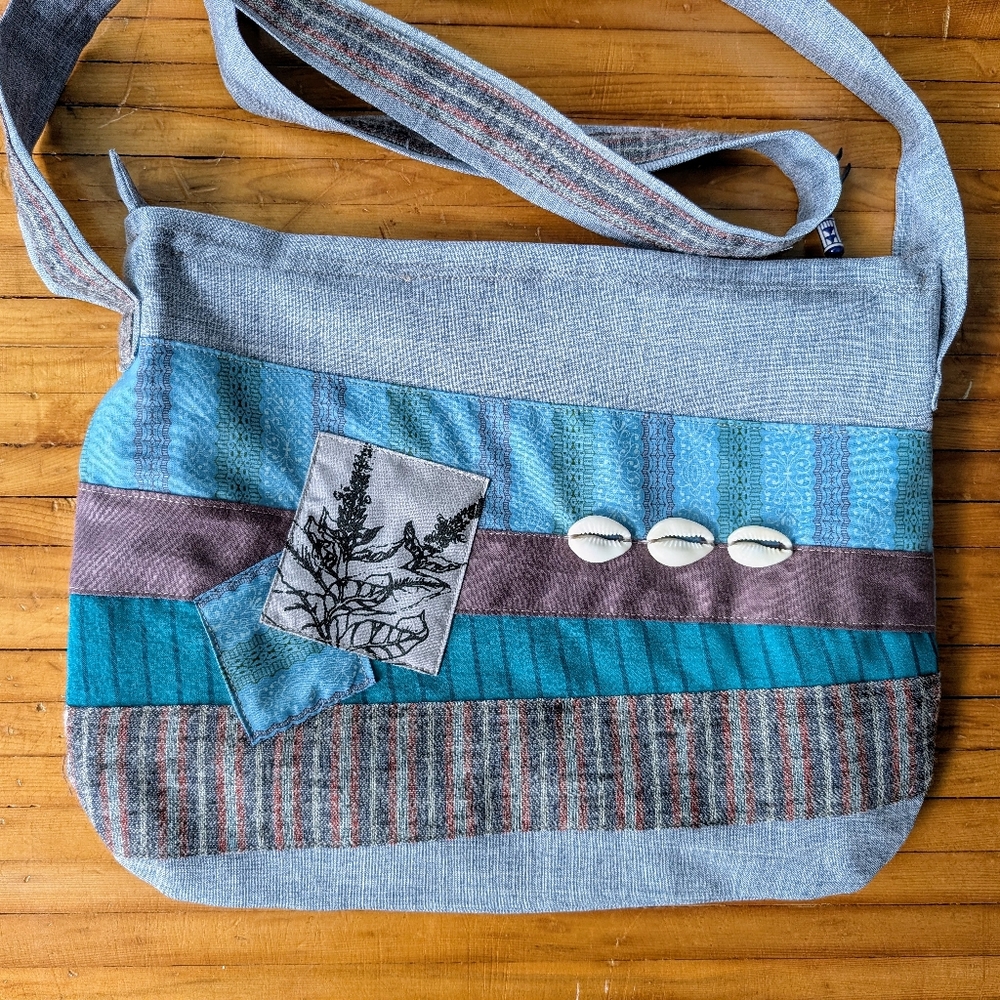 Handcrafted Striped Teal Patchwork Shoulder Bag with Shell Accents